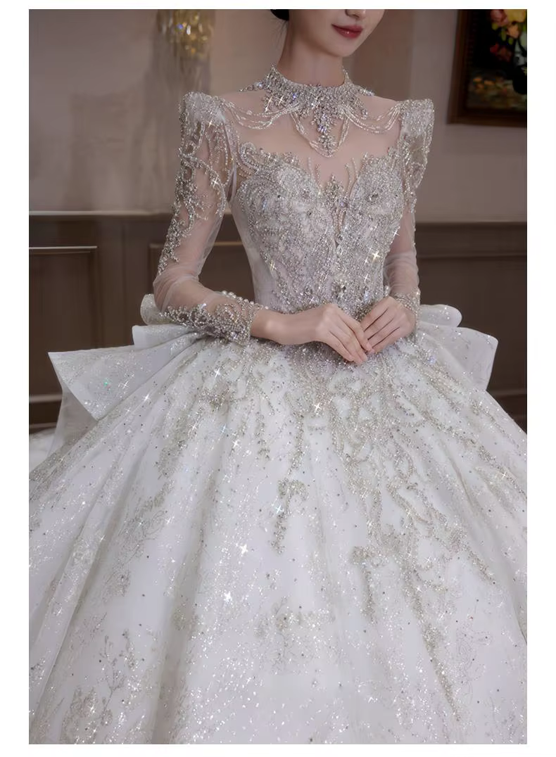 Robe de mariée de luxe légère à manches longues, voile principal ciel étoilé haut de gamme, artisana