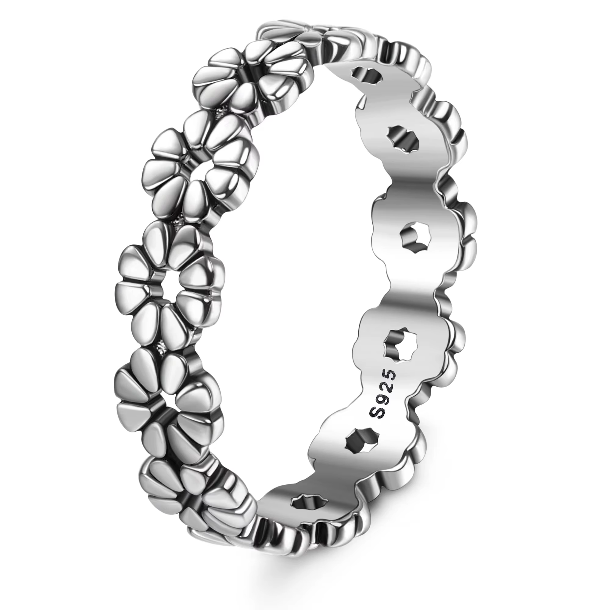 Fansilver-Bague AndrFlower en argent regardé 925 pour femme, bracelet empilable de fleurs, poli, con