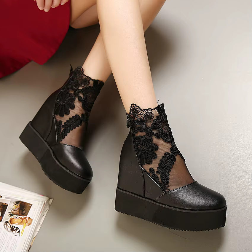 Chaussures à talons compensés en dentelle pour femmes, escarpins à plateforme, sandales à talons hau