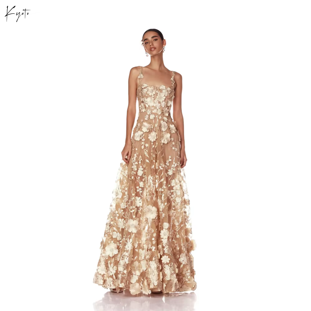 Kyoto personnalisé élégant Champagne dentelle broderie robe De mariée bretelles Spaghetti a-ligne ro