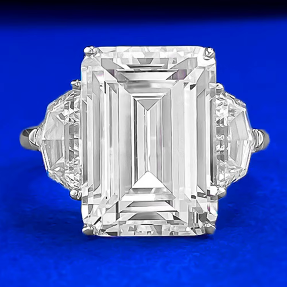 Wong Rain Bague de fiançailles en argent sterling 925, coupe émeraude, 10*14 MM, saphir de laboratoi