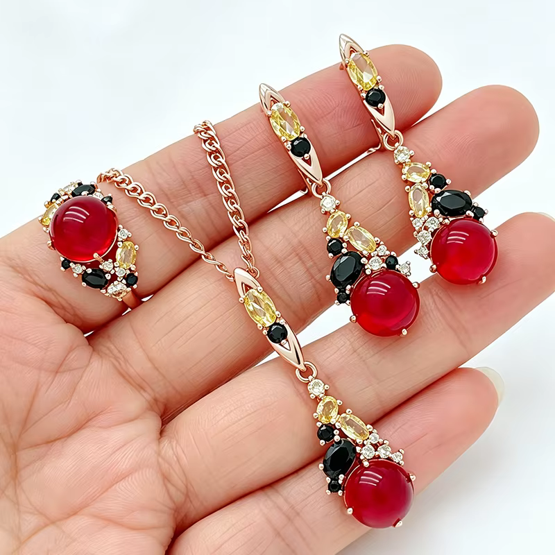 Kinel – ensemble de bijoux de mariage en pierre rouge brillante pour femmes, boucles d'oreilles, col