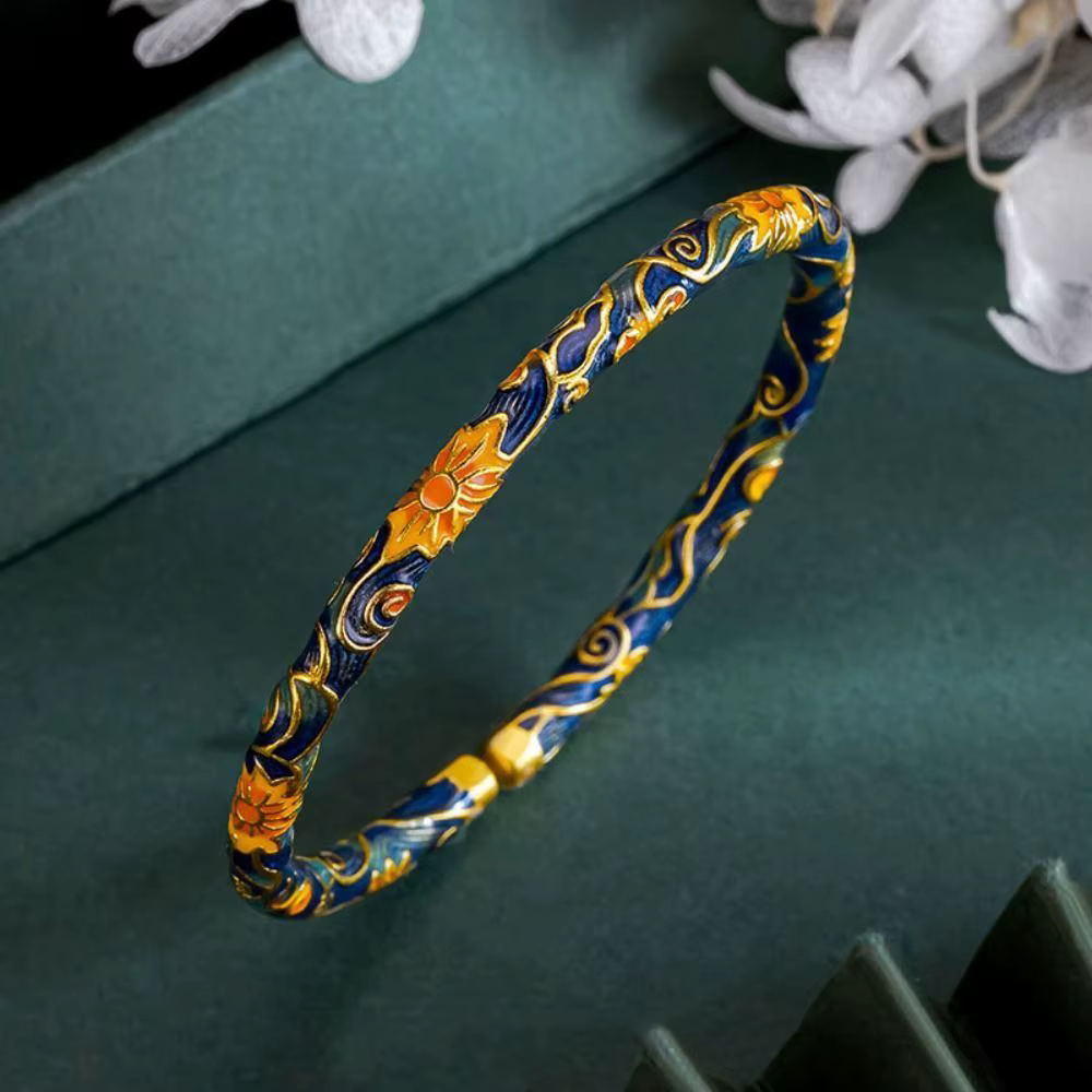 Bracelet en émail pour femmes, anneau ouvert Vintage, cloisonné chinois, bijoux à main de Style ethn