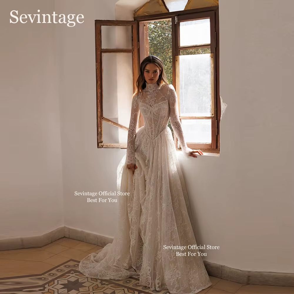 Sevintage pleine dentelle ivoire robes de mariée col haut manches longues robes de mariée longueur d