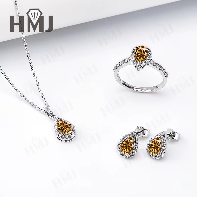 Ensemble de bijoux bague boucle d'oreille collier en forme de poire Moissanite/rubis/saphir/zambien/