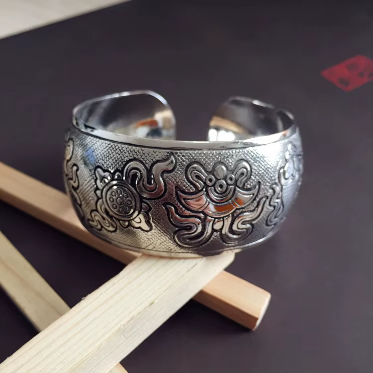 Bracelet large en argent pour femmes, Style ethnique bohème, rétro, ouverture de fleur sculptée, à l