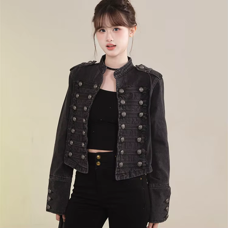 Vêtements pour femmes manteau court nouvelle veste en jean rétro bouton conception mince col montant