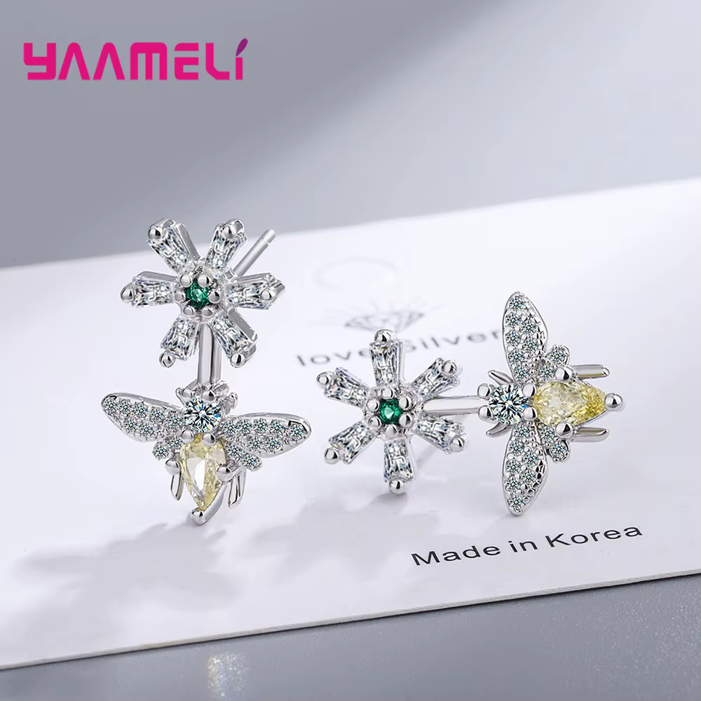 Boucles d'oreilles brillantes en argent Sterling 925, petite abeille, Zircon cubique, cristal, pour
