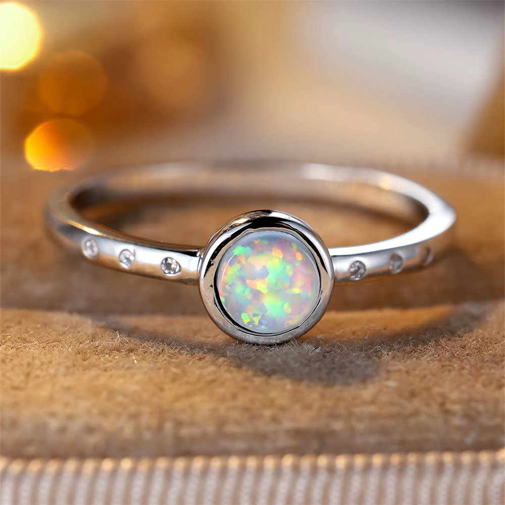 Bague de fiançailles en pierre ronde pour femme, opale de feu blanche, matiques en argent, document 