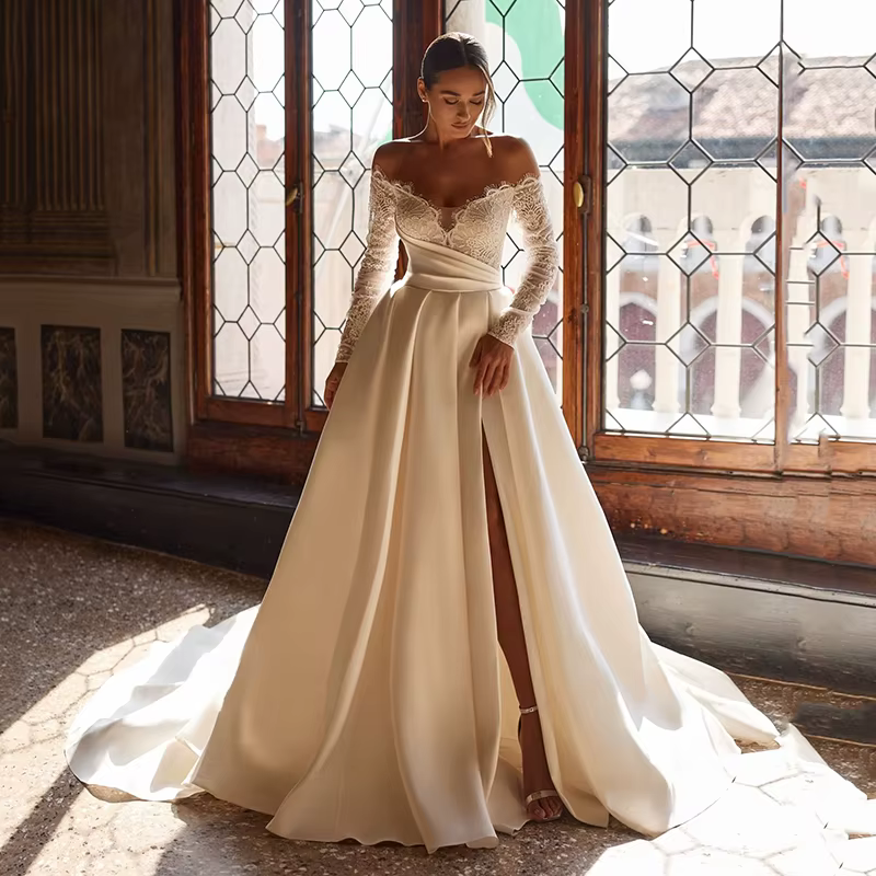Robe de mariée trapèze élégante en dentelle, manches longues, chérie, princesse blanche, robes de ba