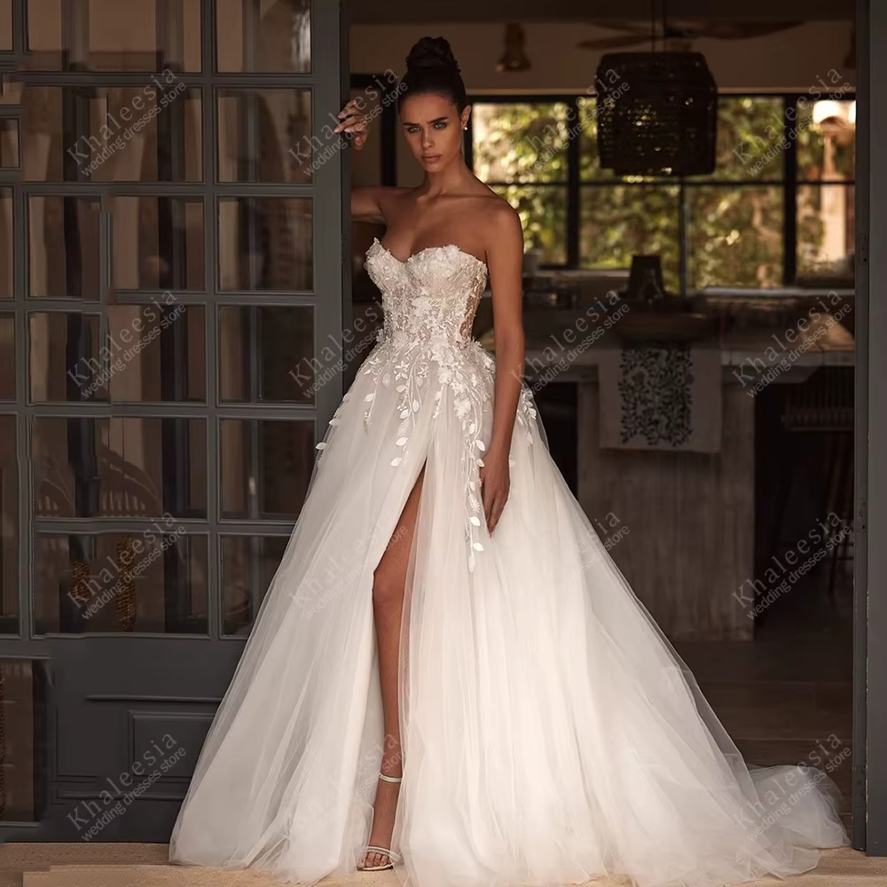 Magnifiques robes de mariée en tulle à volants, style A-line, sexy, sans bretelles, dos nu, robes de