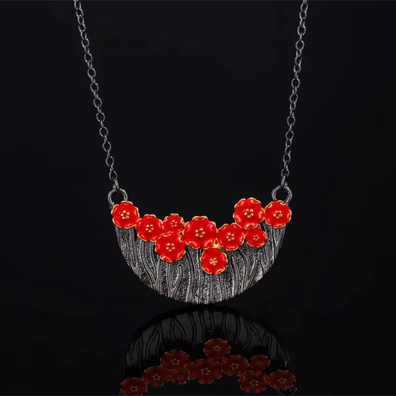 Collier Vintage pour femmes, élégant, fleur rouge, pendentif, goutte à main, colle, haute qualité, c