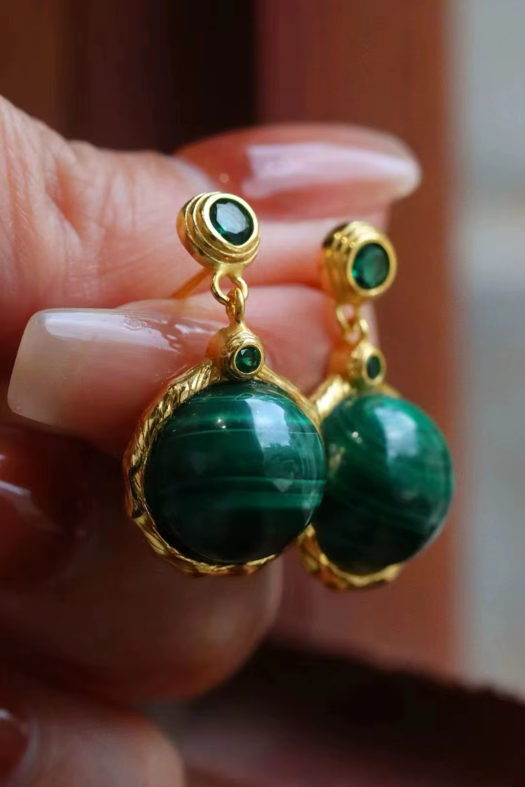 Boucles d'oreilles certifiées en argent 925, Malachite naturelle, goutte d'oreille, rondes, grandes 