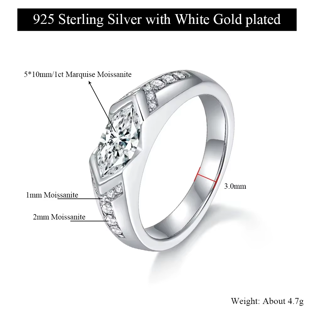 M-JAJA 1ct Marquise Moissanite bague de fiançailles pour hommes/femmes 925 en argent Sterling demi é