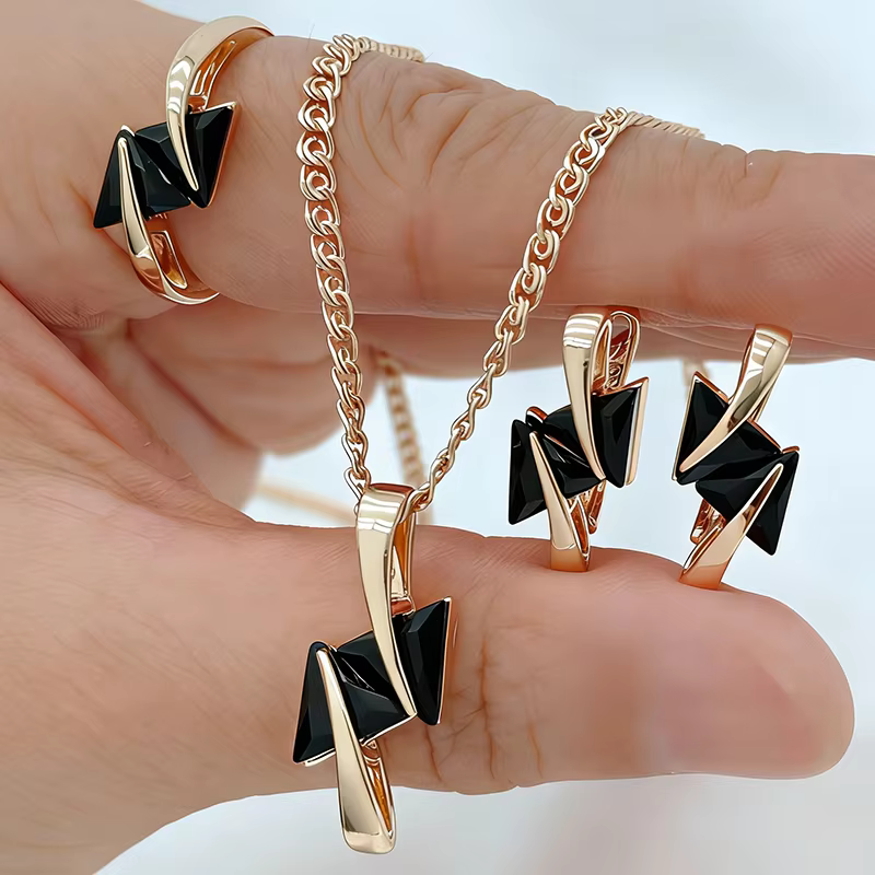 Kinel Hot 585 – Parure de bijoux ethniques vintage couleur or rose pour femme, avec zircon noir natu
