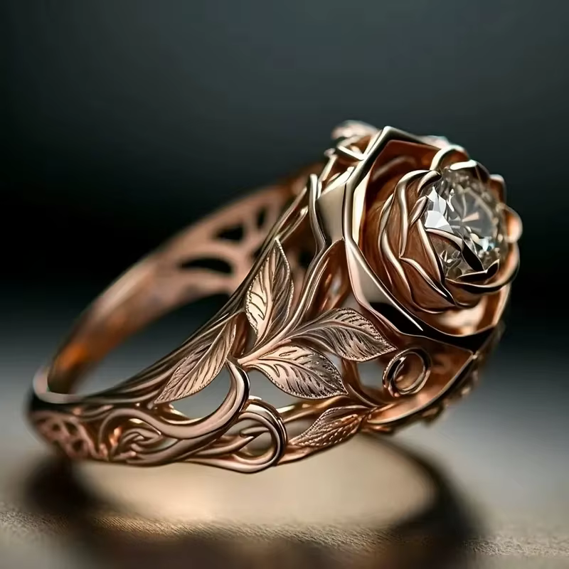 Huretailers-Bague en or rose esthétique pour femme, bijoux de bande de mariage gracieux, document fl
