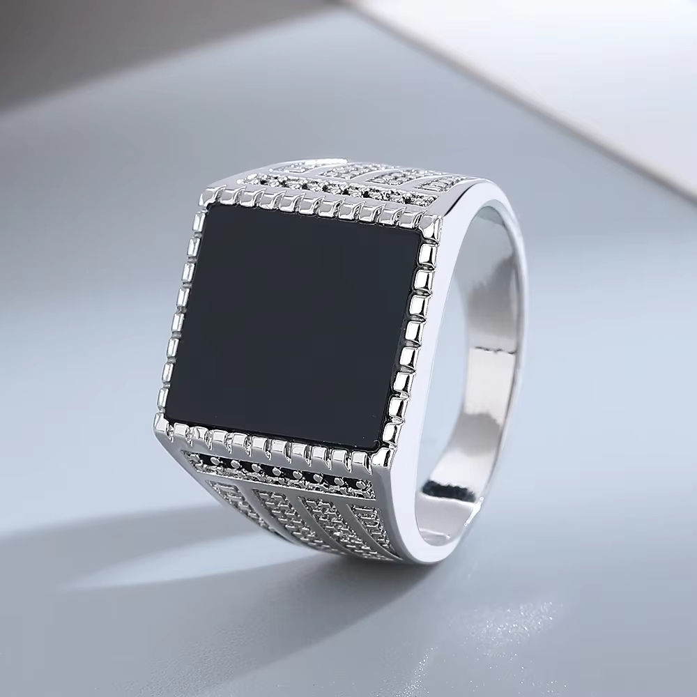 Bague en argent naturel pour femmes, bijoux rectangulaire, grande pierre d'agate noire, Vintage, cad