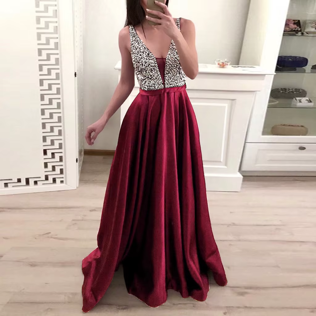 Robe de demoiselle d'honneur pour femme, col en V profond, paillettes kly de Rotterdam, épissage, ro