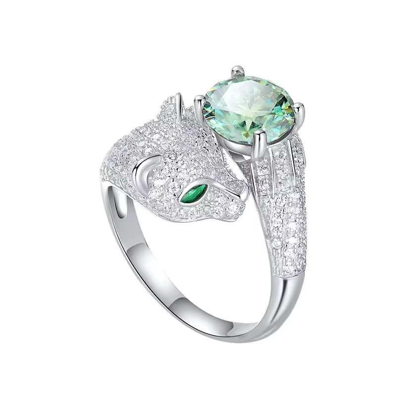 Bague tête de léopard créative pour femme – Bijoux en Zircon vert et blanc |   Bijoux de fête au des