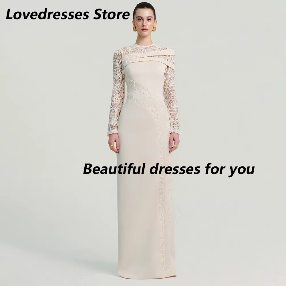 Robes de soirée personnalisées en dentelle à motif floral, col rond, manches longues, longueur au so