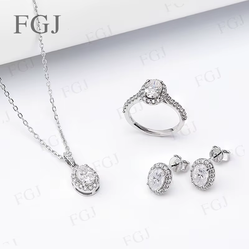 Ensemble de bijoux personnalisés ovales en argent Sterling 925, avec boucles d'oreilles, bague, coll