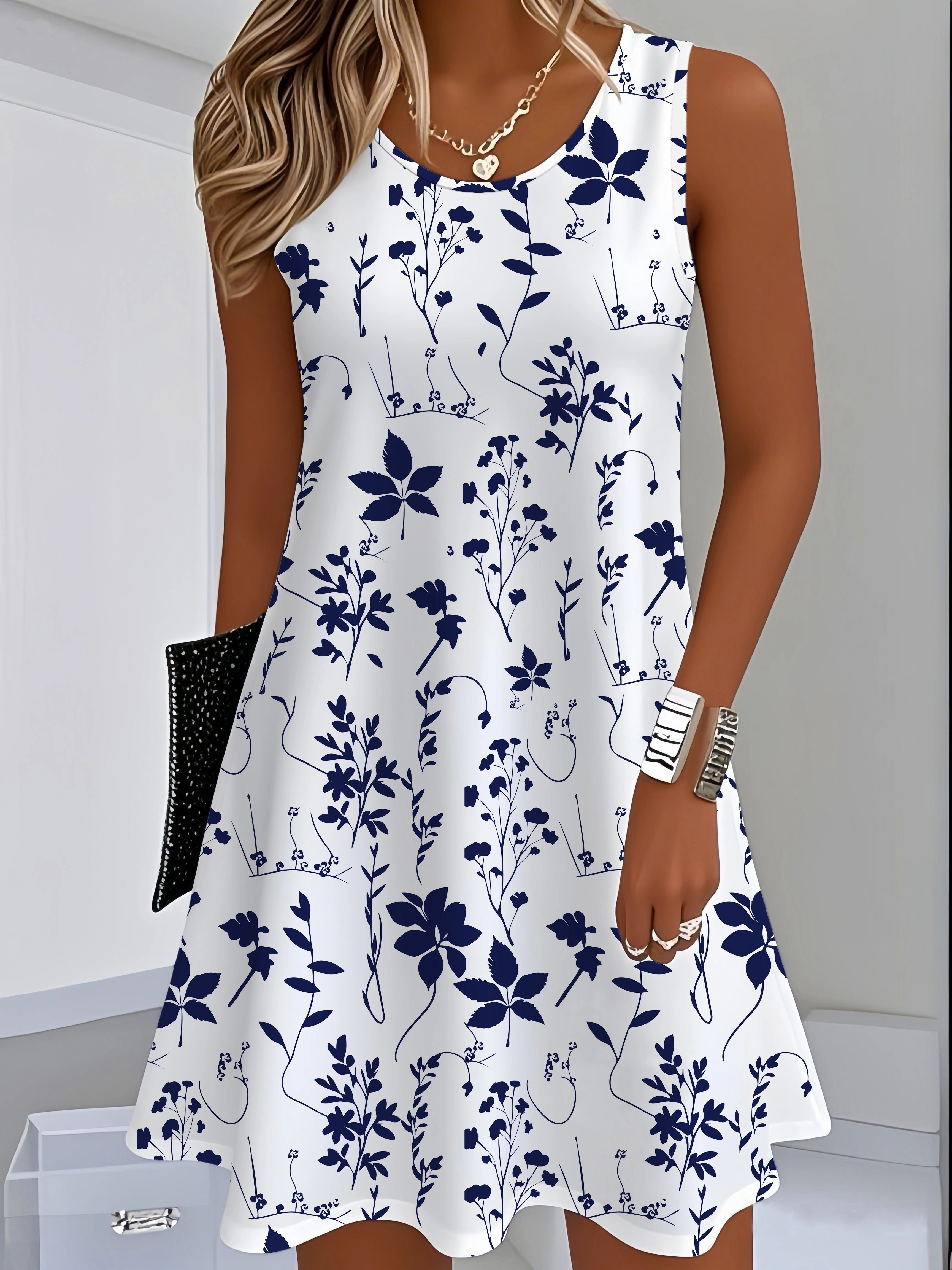 Robe florale pour femmes, imprimé floral bleu marine, robe blanche pour l'été, vêtements amples pour