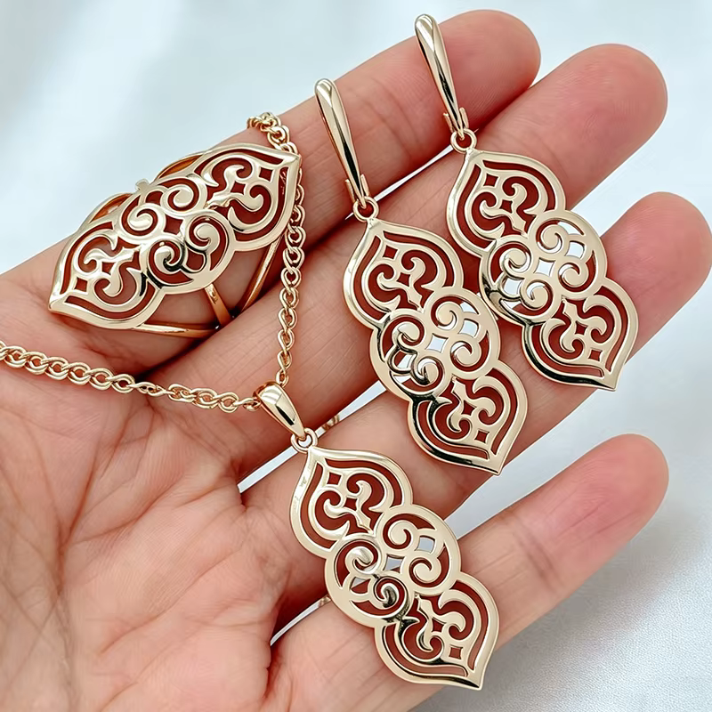 Kinel – collier et boucles d'oreilles brillants pour femmes, haute qualité, couleur or Rose 585, ens