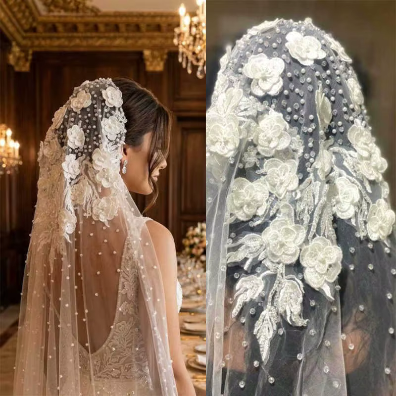 Voiles de mariée vintage pour femmes, voile à une couche avec broderie et appliques 3D, bordure en d