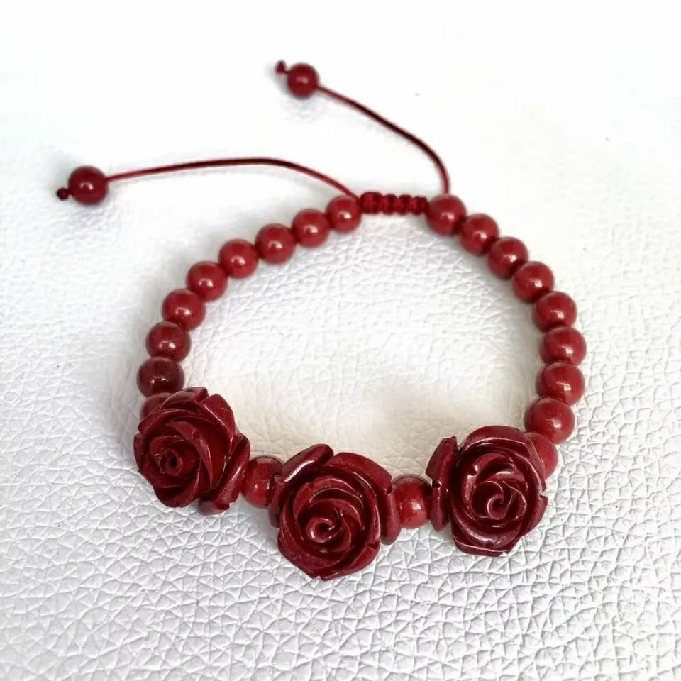 Bracelet de perles de fleur de Rose de cinabre rouge, bijoux de styliste, énergie de luxe, véritable