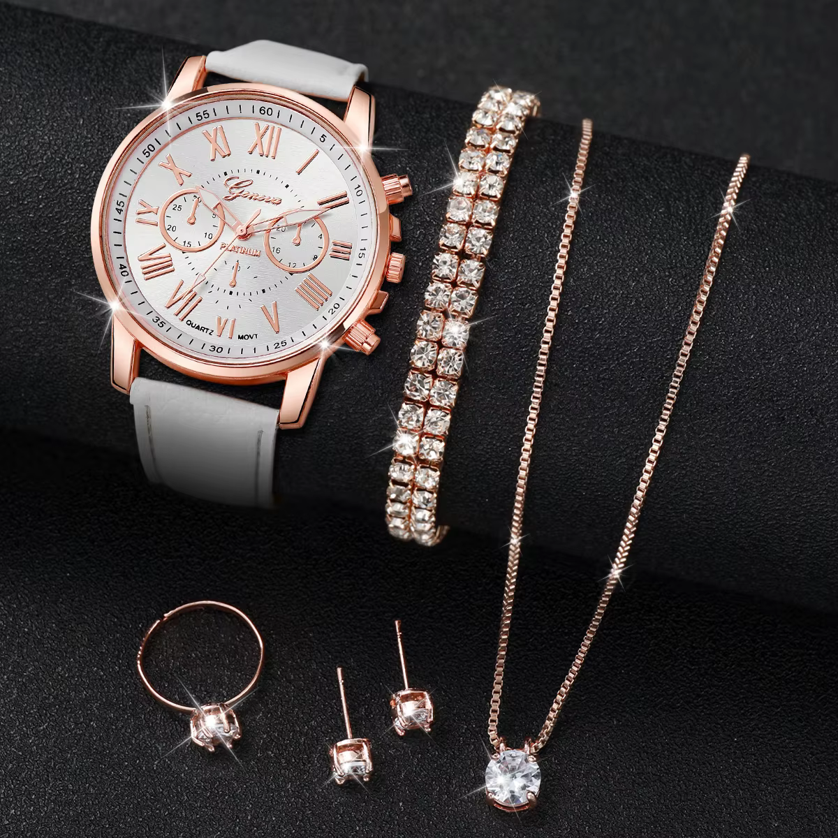 Ensemble montre femme en cuir blanc et or rose, chronographe, bracelet, collier, boucles d'oreilles,