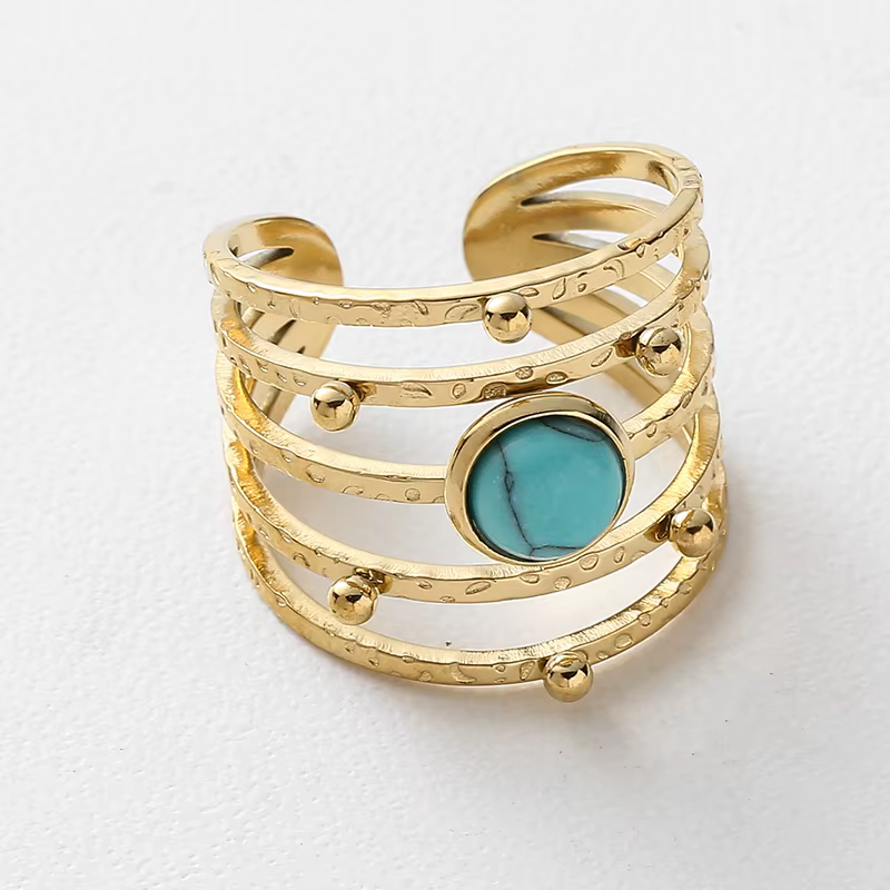 Bague ouverte en pierre naturelle creuse Boho pour femme, plaqué or turquoise, matiques en acier ino