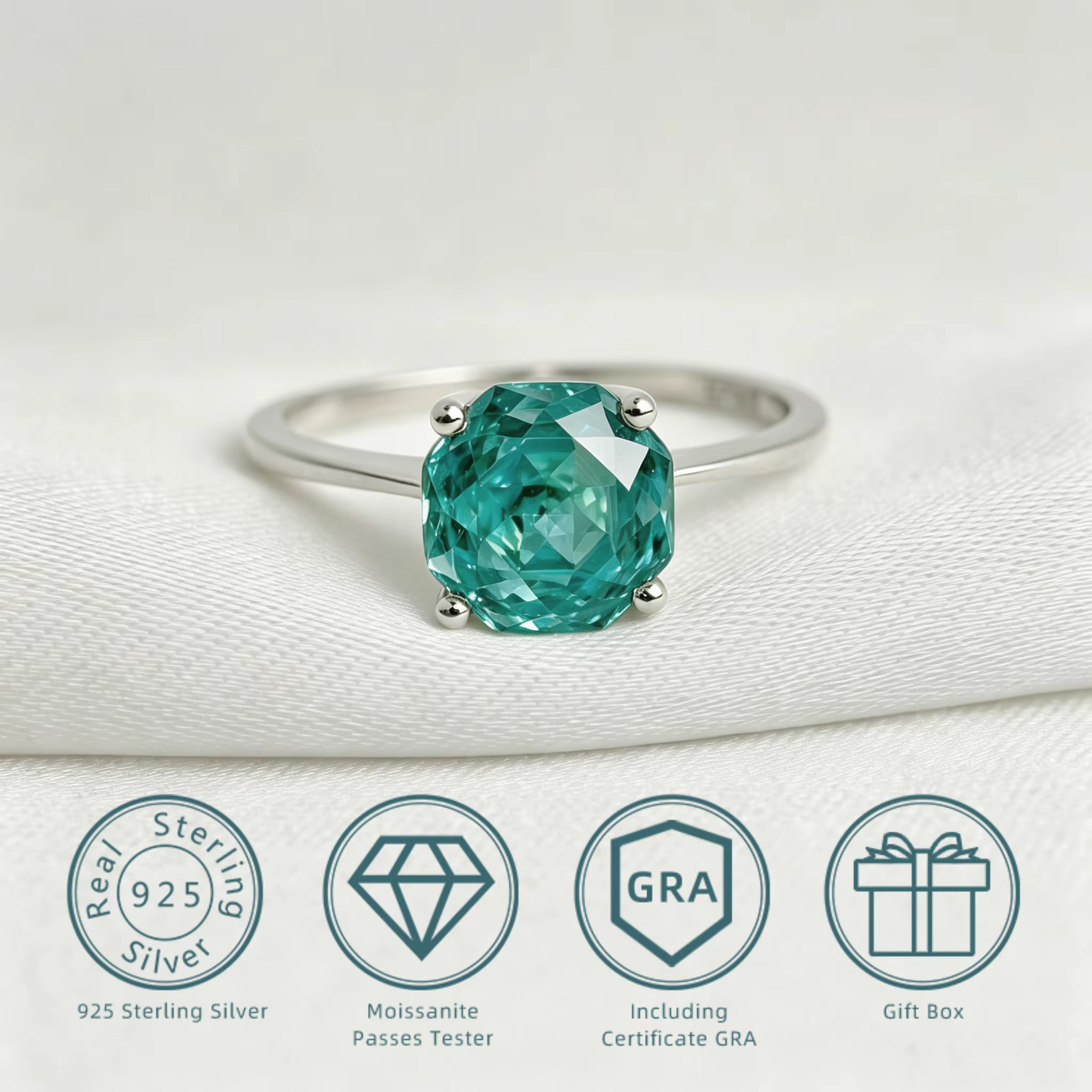 Bague solitaire en moissanite bleu-vert taille octogonale 8*8mm 2 carats, bijou en argent sterling 9