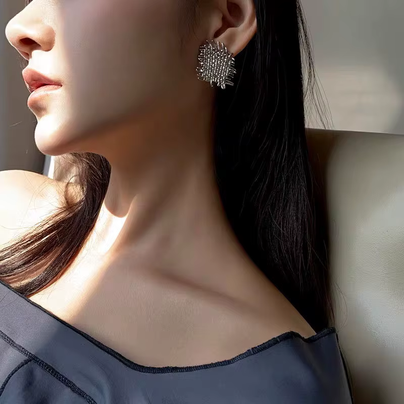 Boucles d'oreilles Vintage en argent 925 tissé à texture brillante pour femmes, style exagéré, haut 