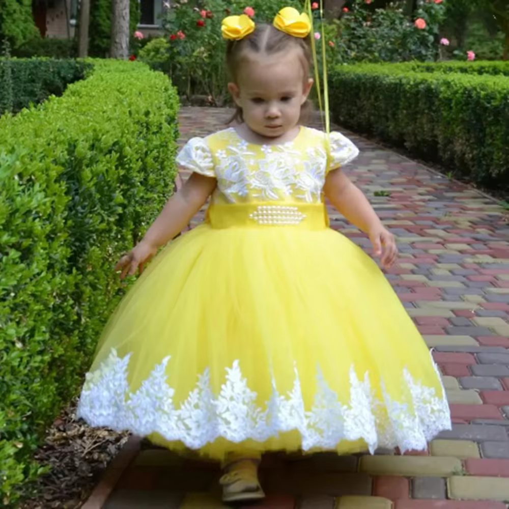 Robes à fleurs jaunes pour filles, pour mariage, en Tulle, avec des Appliques blanches avec nœud, jo
