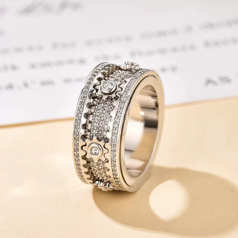 Bague de bande 3D faite à la main, diamant orné d'engrenage géométrique, anneaux rotatifs, décompres