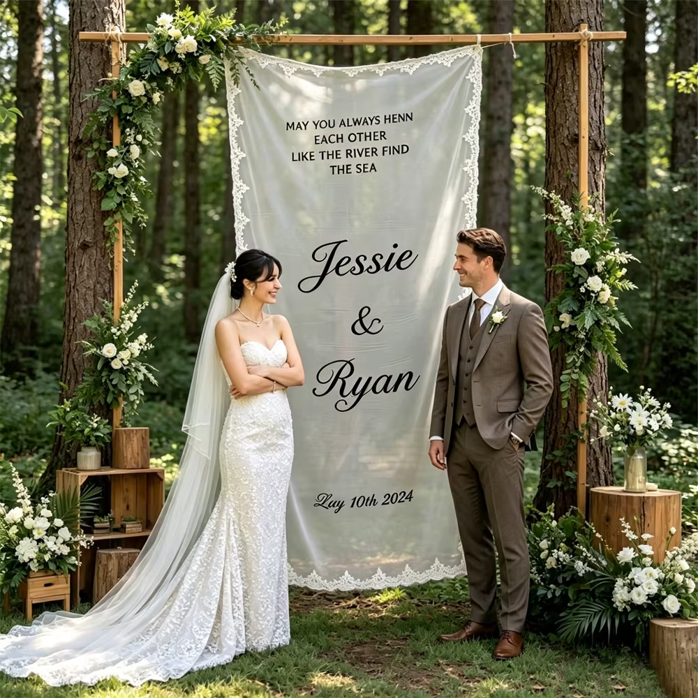 Bannière de bienvenue personnalisée en dentelle pour mariage |   Panneau de cérémonie de mariage en 