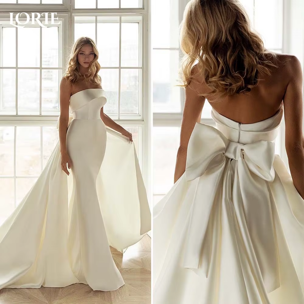 LORIE-Robe de Mariée Sirène en Satin Solide avec Nministériels d, Sans Bretelles, avec Rubans, Traîn