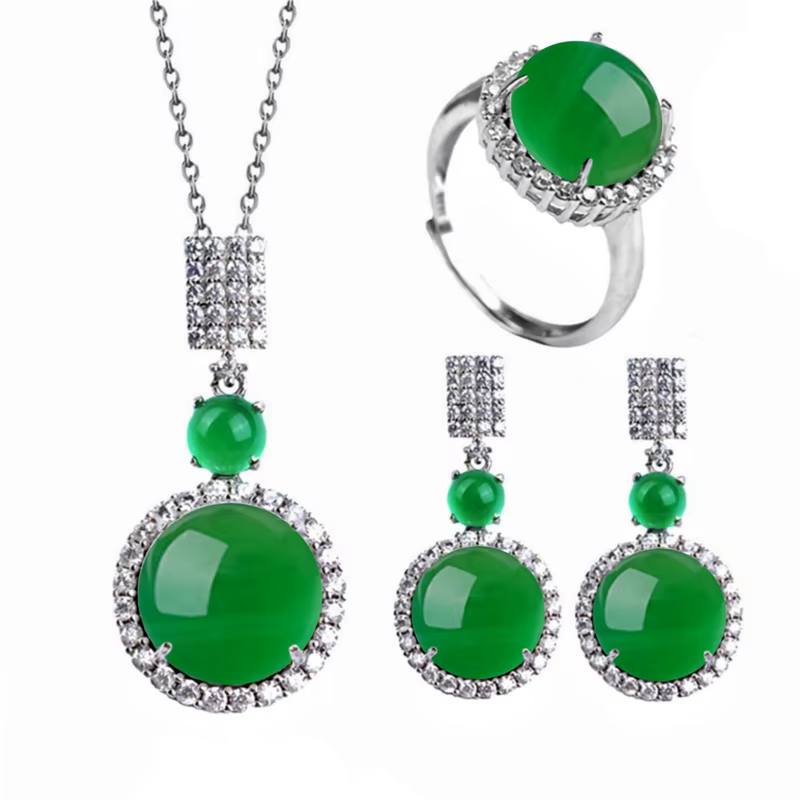 Ensemble de bijoux en pierre verte artificielle, collier, boucles d'oreilles, bague plaquée argent, 