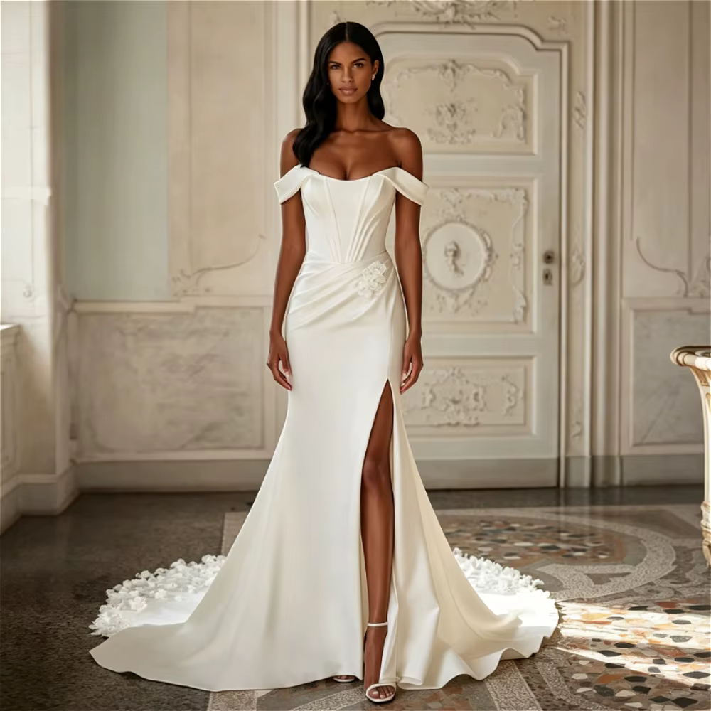 Robe de mariée blanche personnalisée à épaules dénudées, corset froncé, robe de soirée, traîne flora