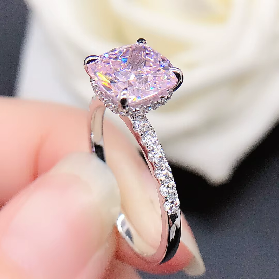 Bague en or blanc 18 carats avec diamant taille coussin pour femme, bijoux de mariage, rose et jaune
