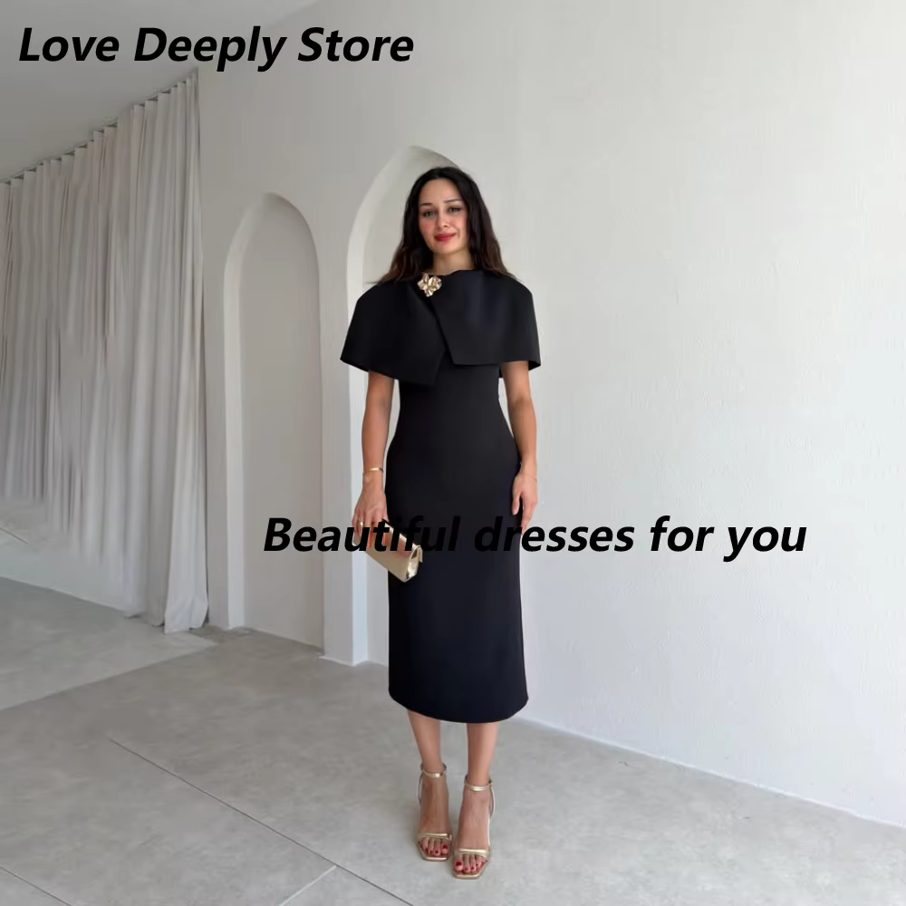 Robe de soirée élégante noire personnalisée avec veste, col rond croisé, plissée, coupe droite, sans