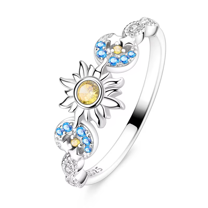 Bague originale en argent Sterling 925, étoile de soleil scintillante et lune, bijoux pour femmes et