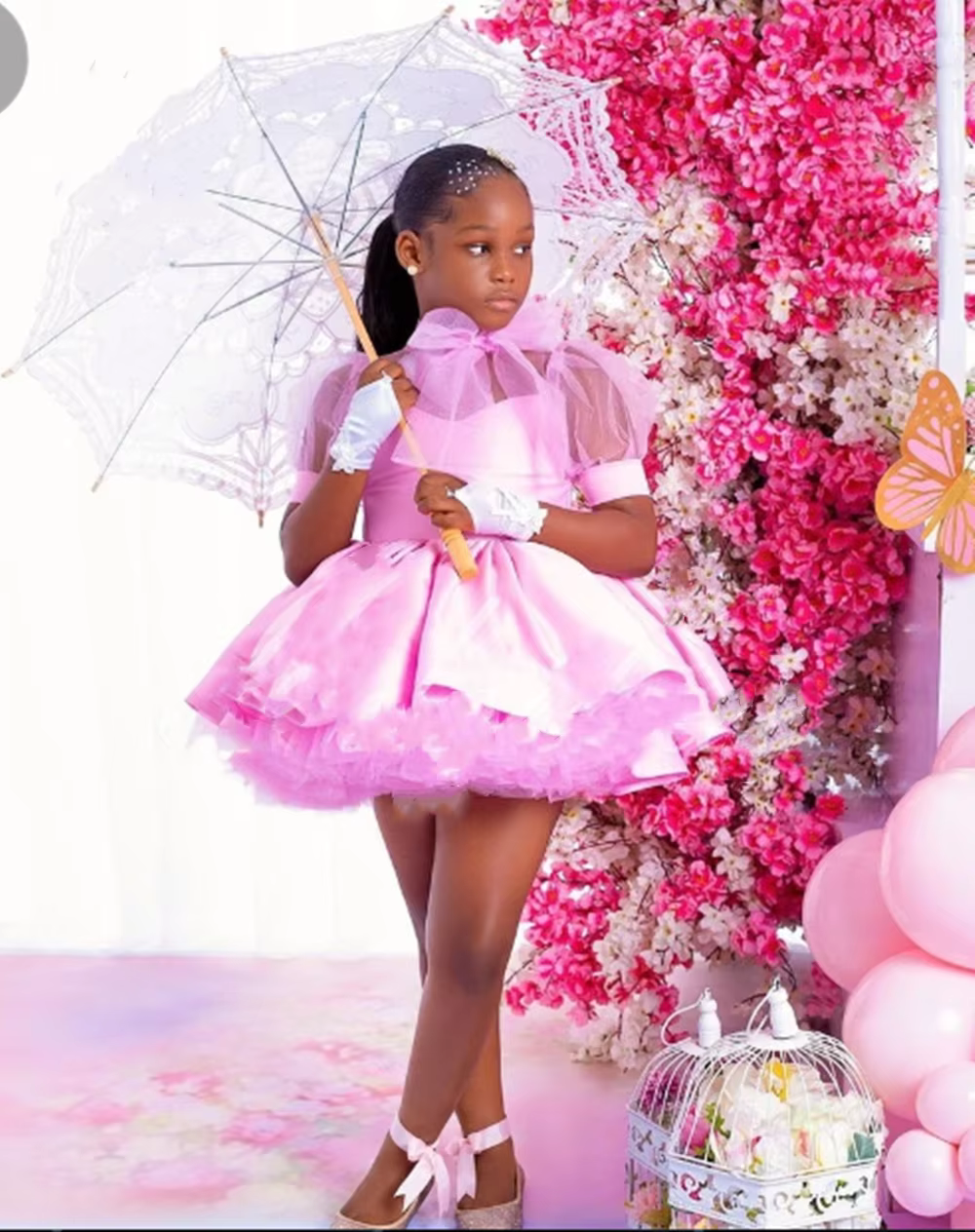 Robe à fleurs rose pour filles, pour mariage, bouffante, longueur aux genoux, manches courtes, migno