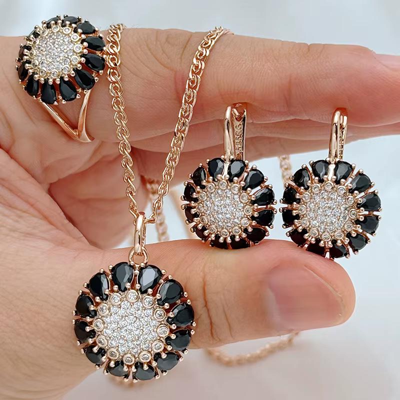 Kinel 585 couleur or Rose ethnique Vintage femmes 3 pièces ensembles de bijoux brillant noir naturel