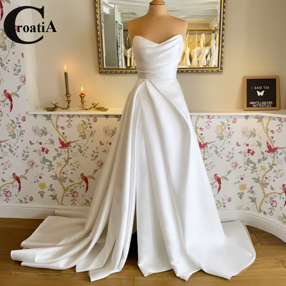 Robes de mariée en satin trompent chérie pour femmes, fente plissée, appliques, déesse de la mariée,