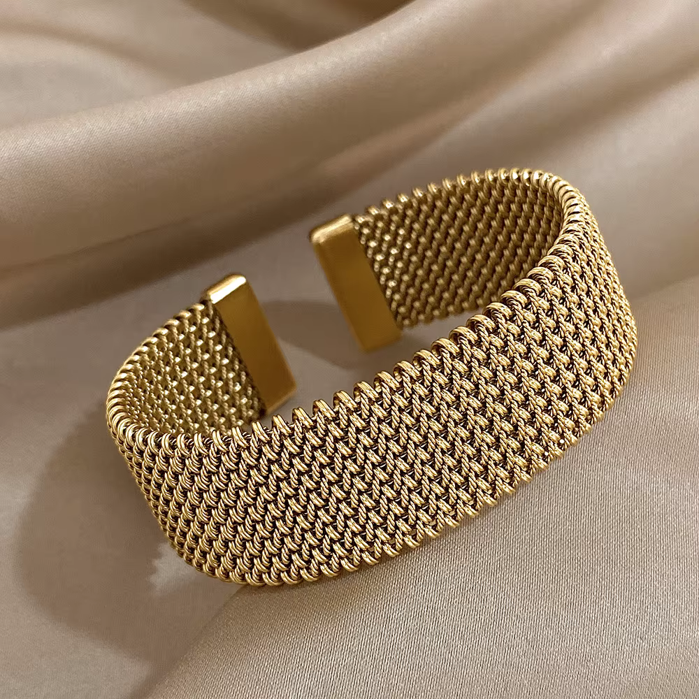 Bracelets manchette doré tissés Vintage pour femmes, élégants, tendance, en acier inoxydable, épais,