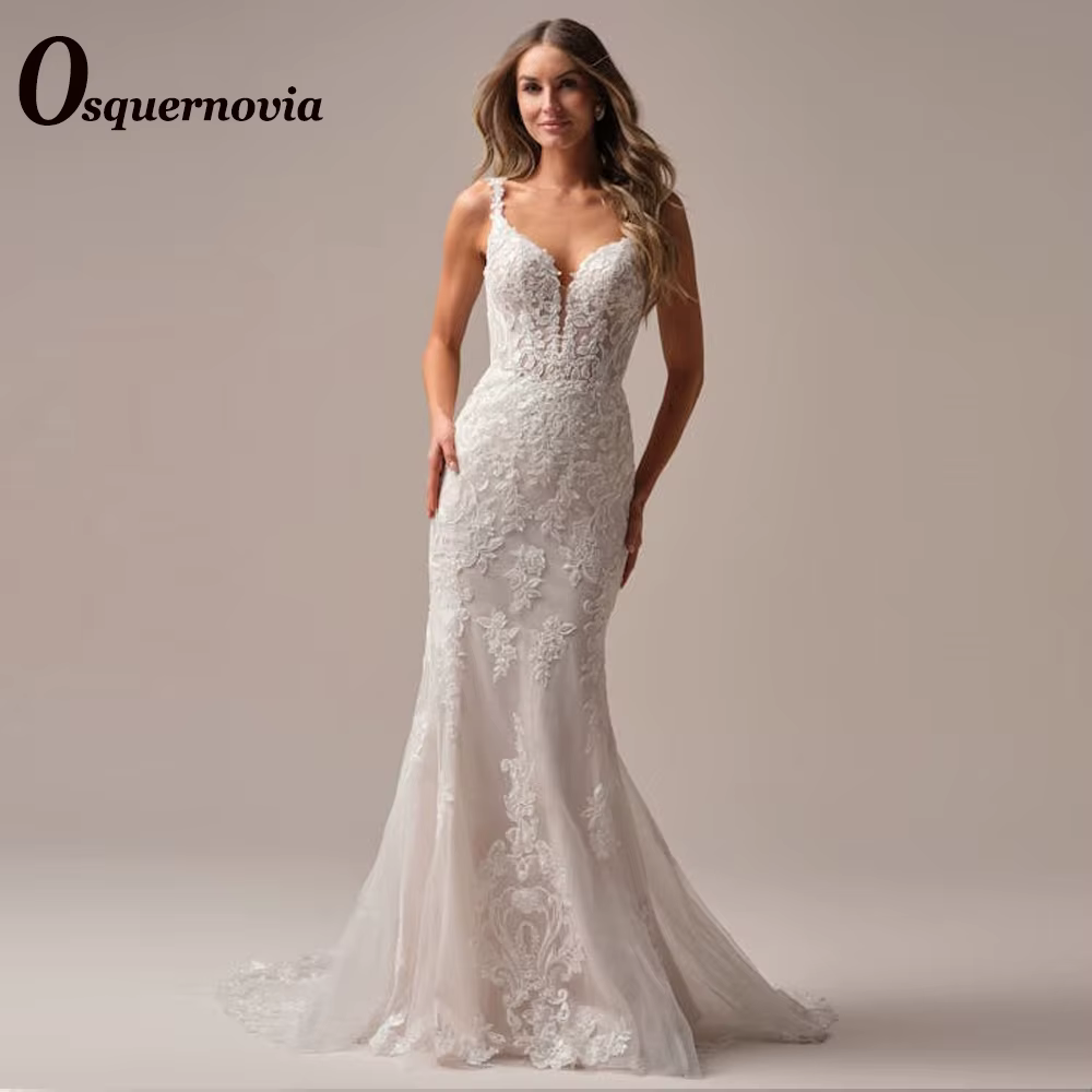 Osquernovia – Robes de mariée attrayantes à col en V pour femmes, avec appliques en dentelle, style 
