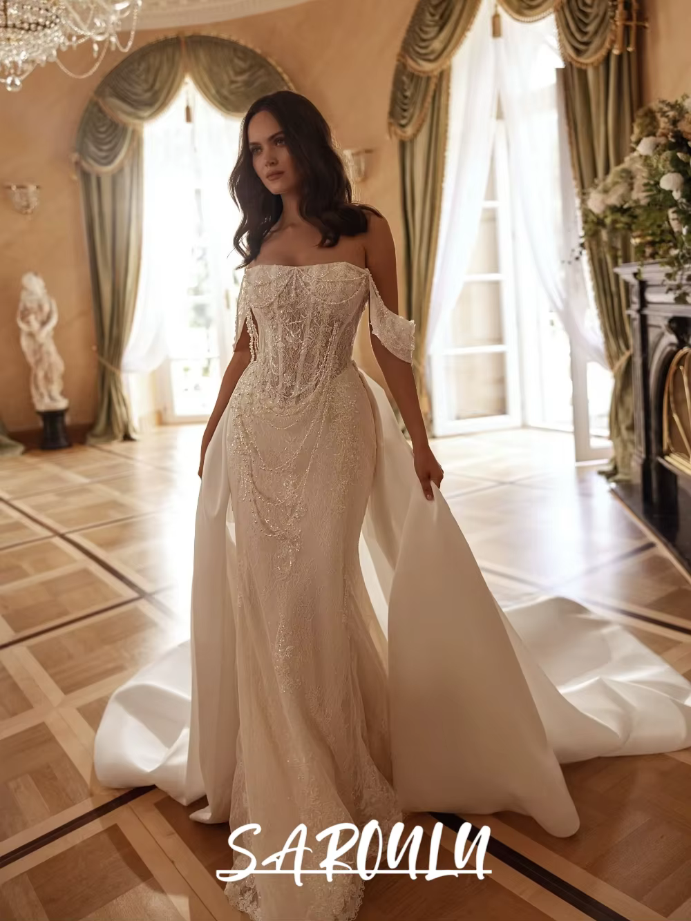 Robe de mariée sirène 2-en-1 scintillante avec perles, sequins et dentelle à franges, personnalisée,