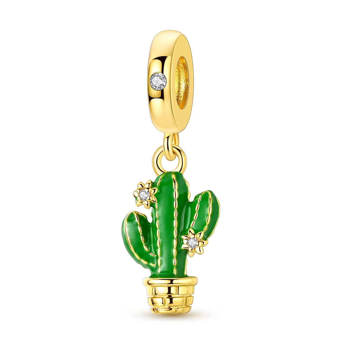 Breloque Cactus en Argent Sterling 925 Plaqué Or et Émail Vert pour Femme, Idéale pour Bracelet et C