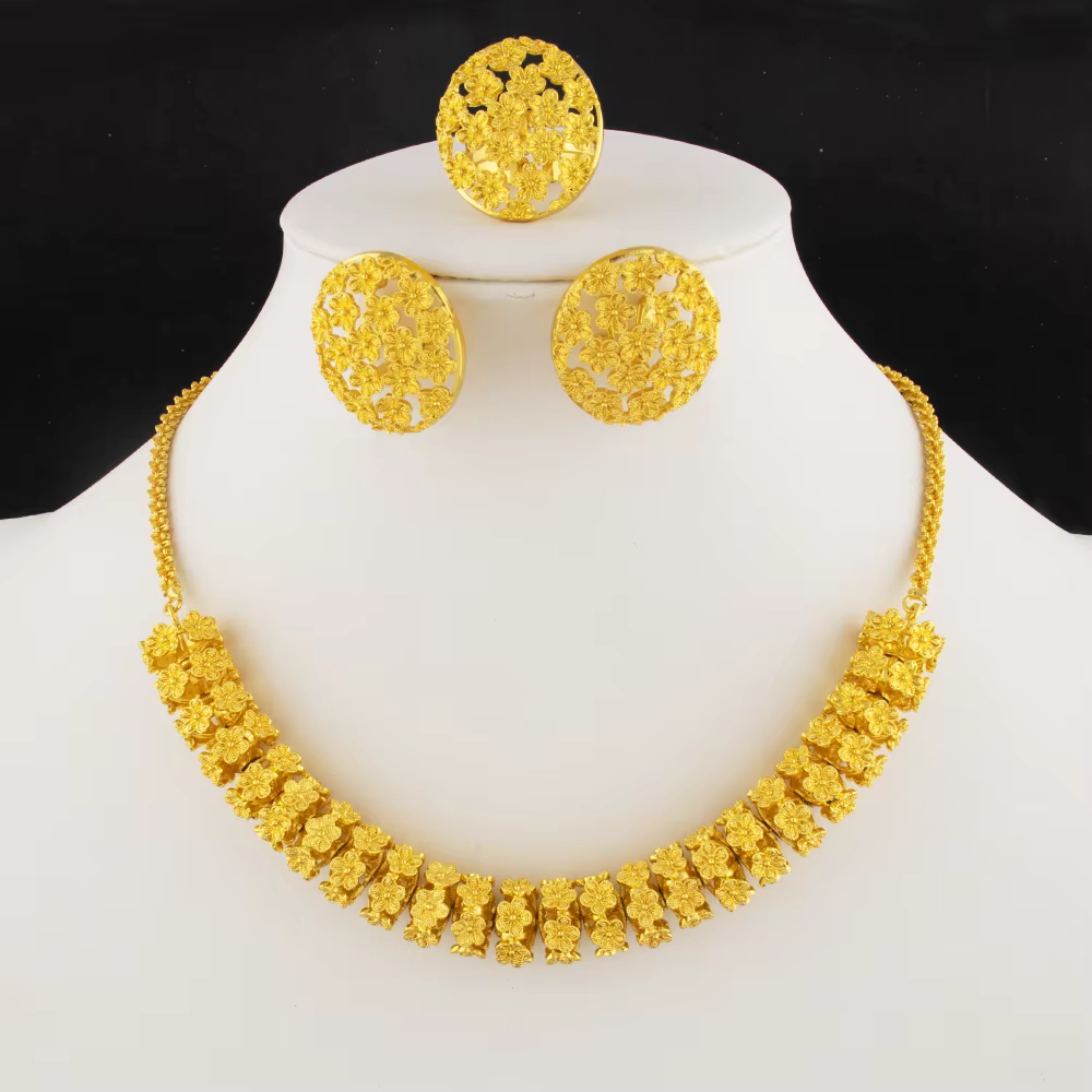 Parure de bijoux plaqué or de luxe pour femmes et hommes : boucles d'oreilles, bague et collier cuba